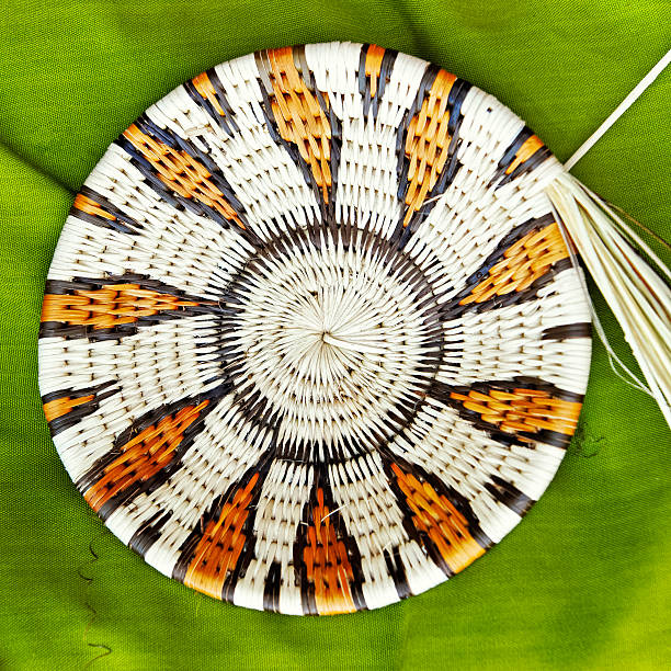 istock Traditional African woven basket on green cloth 488879266