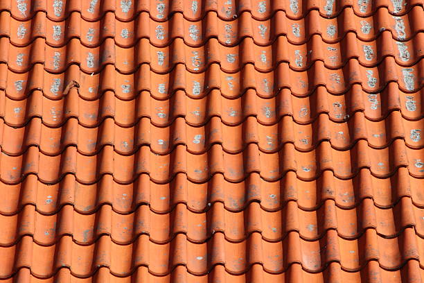 el red clay azulejos el último piso de la antigua casa de la granja horizontal - roof tile roof textured red fotografías e imágenes de stock
