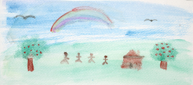 Photo of a painting by a little 6 year old boy painting. Looks like Africa with mud hut, trees, stick people and a nice rainbow in a blue sky
