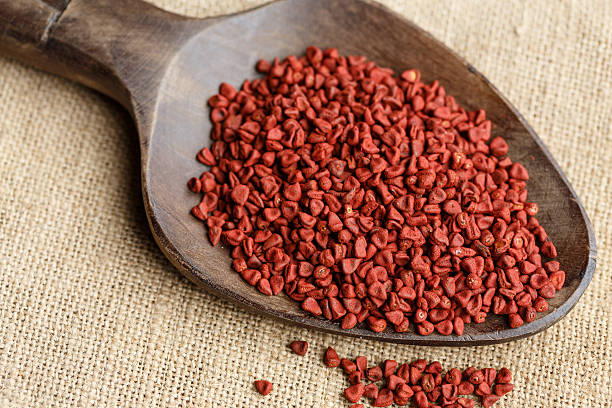 istock Achiote seeds on wooden spoon 488906080