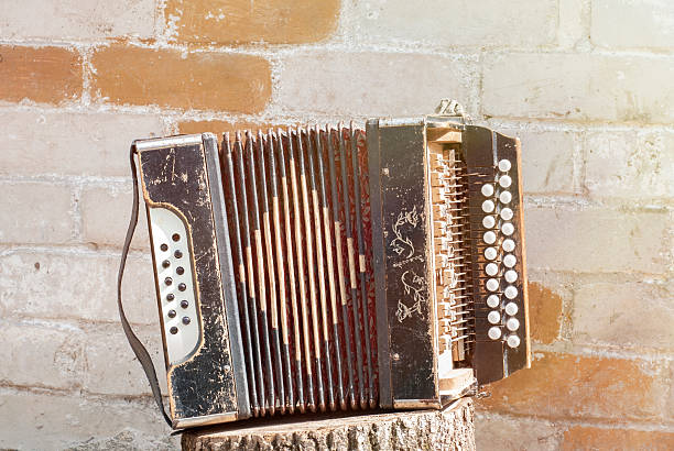 accordion on the stump near the wall background