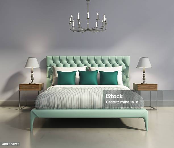 Light Green Elegant Modern Bedrooom Interior Stock Photo - Download Image Now - Bed - Furniture, Satin, Sheet - Bedding