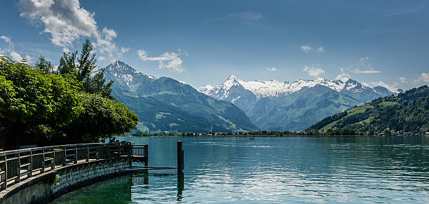 Lakeside Zell am See, Austria, Salzburger Land, European Alps, Beautiful view fover the Lake in Zell am See to the snow capped Mountains. In the foreground the Glacier of the Kitzsteinhorn.