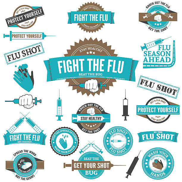 und grippe von hand waschen abzeichen und briefmarken - injecting vaccination flu virus impfung stock-grafiken, -clipart, -cartoons und -symbole