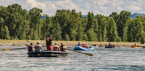 rafting sur la snake river, dans le wyoming - rafting on a mountain river photos et images de collection