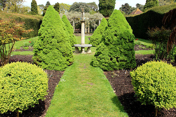 istock Image of formal garden with topiary trees, shrubs and sundial 488913549