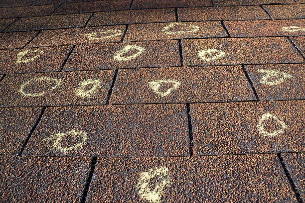 Insurance Adjuster Marked Roof With Hail Damage Insurance adjuster marked the hail damage on a insureds roof. damaged stock pictures, royalty-free photos & images