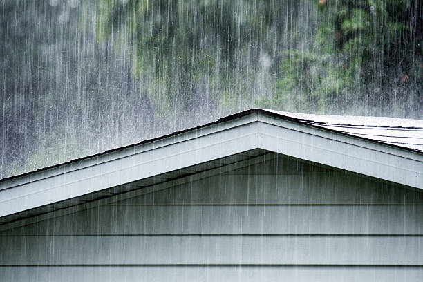 Drenching Rain Storm Downpour on Old Shed Roof Drenching June summer rain storm downpour pounding and splattering water on a grimy old backyard clapboard siding shed roof. june photos stock pictures, royalty-free photos & images
