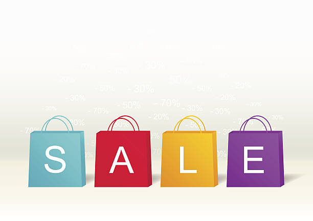 istock Four shopping bags with inscription SALE on grey horizontal background 488937521