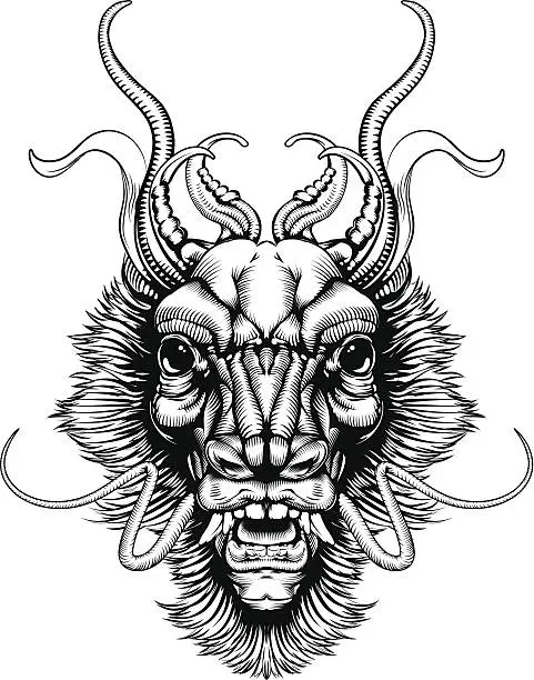 Vector illustration of Woodblock style dragon head