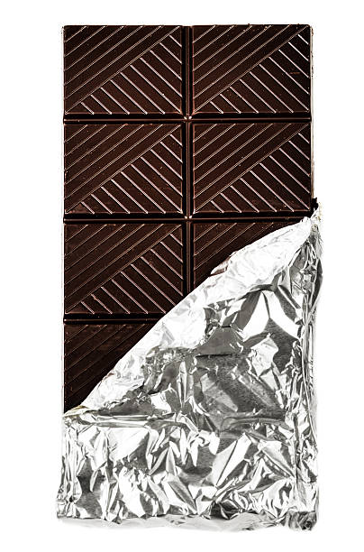 Dark Chocolate Bar in opened silver foil wrapping