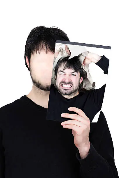 symbolic image of a man holding his face showing changes according to the mood and situation of what seems to be affordable to match the social context.