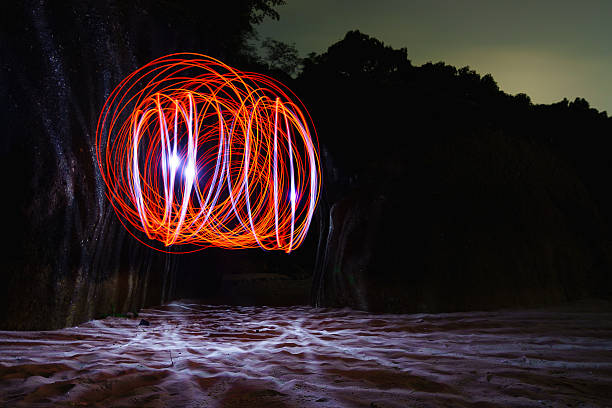 istock Burning steel wool.On the beach at night. 488947220
