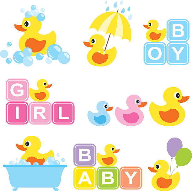 Baby Rubber Duck Vector illustration of yellow rubber duck for baby shower. duck family stock illustrations