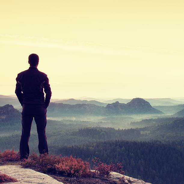 istock Man gesture triumph. Hiker in sportswear at edge with heather 488953370