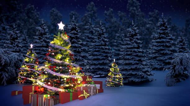istock Christmas tree and gifts in forest 488954532