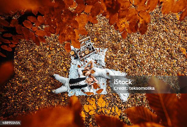 Wedding Couple Lying Under A Tree Stock Photo - Download Image Now - Autumn, Wedding, 2015