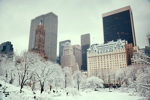 Center city Philadelphia covered in white snow. Winter.