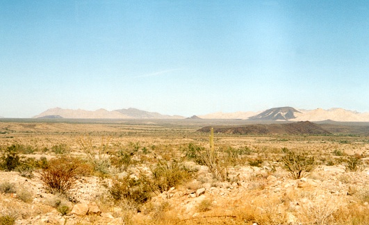 El Pinacate and Gran Desierto de Altar Biosphere Reserve, dramatic landscape view under clear blue sky.