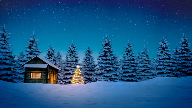 istock wooden cabin and christmas tree 488959580
