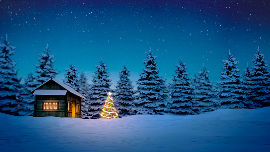 lightened christmas tree in front of wooden cabin in snow at night with pine trees in background.
