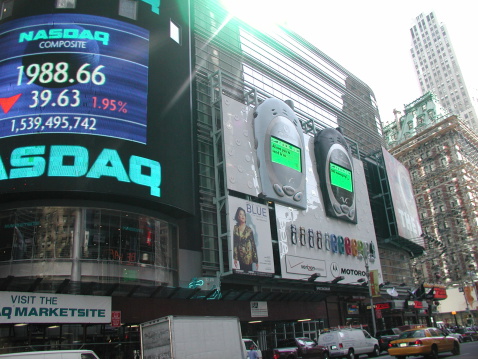 New York City, NY, USA - June 18, 2001: Times Square. NASDAQ marketsite, left. Motorola/Verizon wireless billboard, middle. 