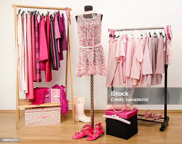Wardrobe With All Shades Of Pink Clothes Shoes And Accessories Stock Photo - Download Image Now