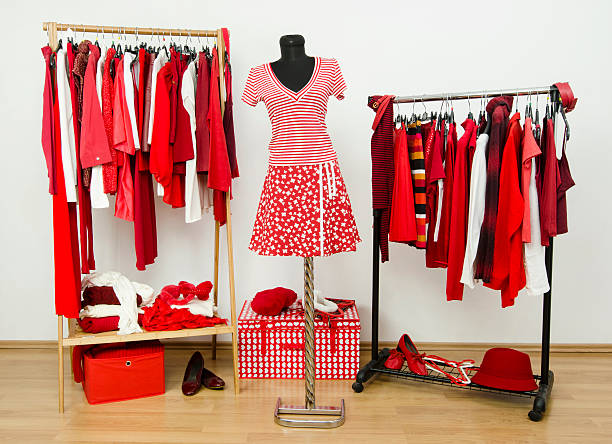 istock Wardrobe with red and white clothes, shoes, accessories. 488963343