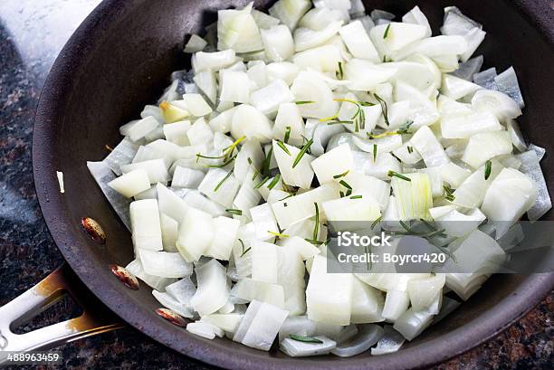 Pan Of Sauted Onions Stock Photo - Download Image Now - Activity, Back Lit, Cooking