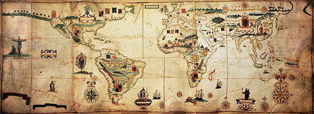 World planisphere portolan Antique world planisphere portolan map of Spanish and Portuguese maritime and colonial empire. Created by Antonio Sanches, published in Portugal, 1623 vintage maps stock illustrations