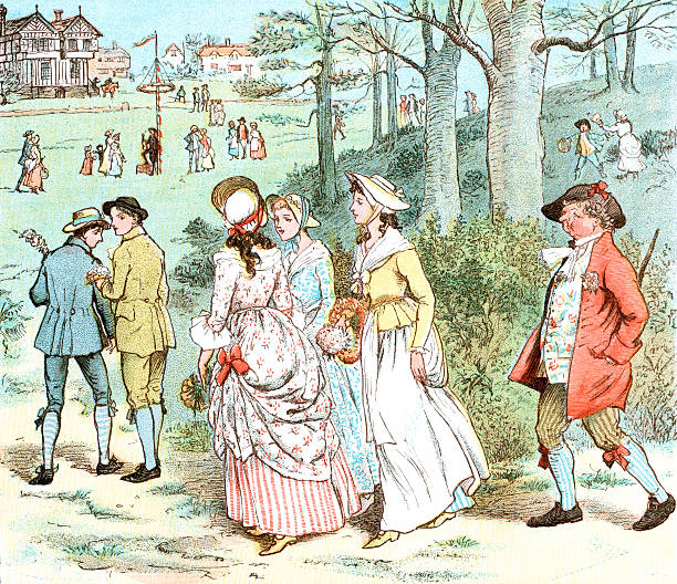 Georgian May Day celebrations Georgian era people making their way towards the village green for May Day celebrations around the May Pole. From “R. Caldecott’s Second Collection of Pictures and Songs” containing “The Milkmaid”, “Hey Diddle Diddle”, Baby Bunting”, The Fox Jumps Over the Parson’s Gate”, “A Frog He Would a-Wooing Go”, “Come Lasses and Lads”, “Ride a Cock Horse…”, “A Farmer Went Trotting…”, “Mrs Mary Blaize” and “The Great Panjandrum Himself”. Drawn by Randolph Caldecott; engraved and printed by E. Evans. Published by George Routledge & Sons, London & New York, c1885. georgian style photos stock illustrations