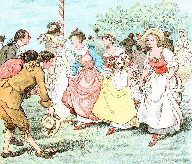 Georgian May Day dancing painting by Randolph Caldecott 1885 Georgian era people dancing beside the village May Pole on May Day to the music of a fiddler. From “R. Caldecott’s Second Collection of Pictures and Songs” containing “The Milkmaid”, “Hey Diddle Diddle”, Baby Bunting”, The Fox Jumps Over the Parson’s Gate”, “A Frog He Would a-Wooing Go”, “Come Lasses and Lads”, “Ride a Cock Horse…”, “A Farmer Went Trotting…”, “Mrs Mary Blaize” and “The Great Panjandrum Himself”. Drawn by Randolph Caldecott; engraved and printed by E. Evans. Published by George Routledge & Sons, London & New York, c1885. curtseying stock illustrations