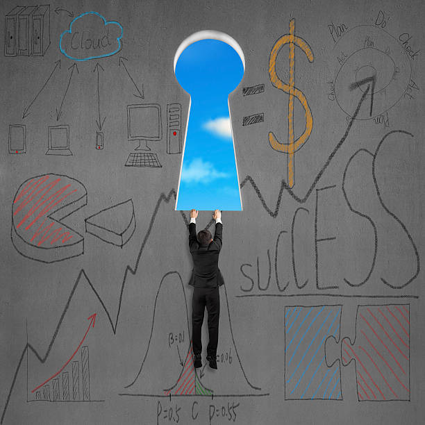 istock Climbing to key shape door with business doodles 488976473