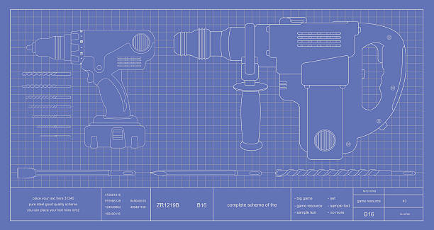 сверление, hammer drill и бит инженер blueprint - blueprint electrical component engineer plan stock illustrations