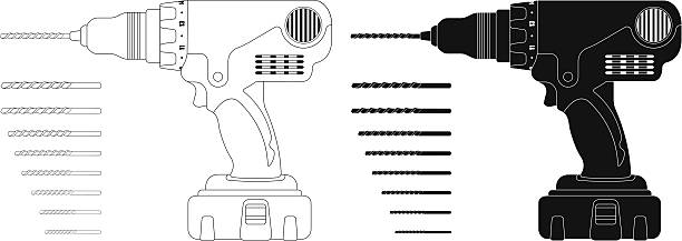 ilustraciones, imágenes clip art, dibujos animados e iconos de stock de taladro eléctrico inalámbrico de mano con puntas. contour, silueta - pieza de taladradora