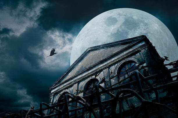 istock Old building with bird over cloudy night sky and moon 488977320