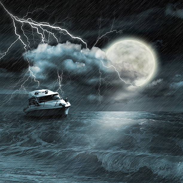 istock Boat in storm  evening on ocean and the moon 488977941