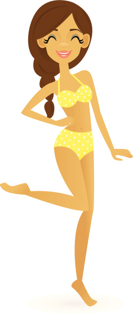 A vector illustration of a smiling young woman wearing a yellow polka dot bikini.