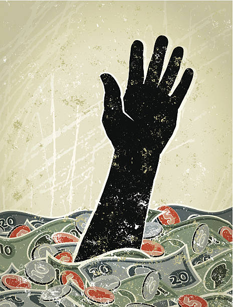 Not Waving, Drowning! A stylized vector cartoon of a man's hand reaching out from a swirling sea made from Money , suggesting danger, drowning, depression,money, drowning in debt, finance, debt, help me, desperation, failure, sucked in or paranoia. Hand, Money Waves, paper texture and background are on different layers for easy editing. Please note: this is an eps 10 illustration and clipping masks have been used.