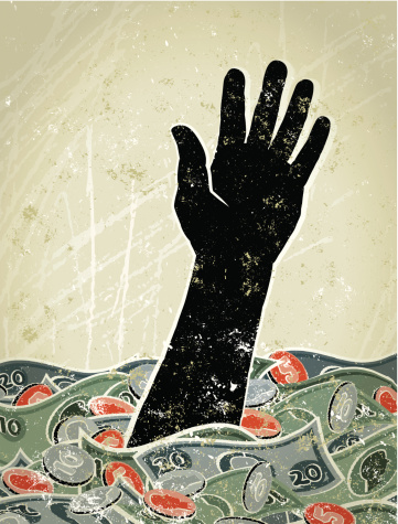 Not Waving, Drowning! A stylized vector cartoon of a man's hand reaching out from a swirling sea made from Money , suggesting danger, drowning, depression,money, drowning in debt, finance, debt, help me, desperation, failure, sucked in or paranoia. Hand, Money Waves, paper texture and background are on different layers for easy editing. Please note: this is an eps 10 illustration and clipping masks have been used.