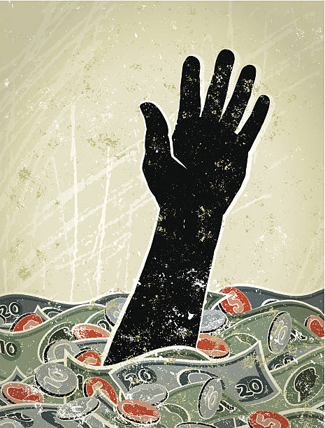 Retro,  Hand sinking in a Sea of Money Not Waving, Drowning! A stylized vector cartoon of a man's hand reaching out from a swirling sea made from Money , suggesting danger, drowning, depression,money, drowning in debt, finance, debt, help me, desperation, failure, sucked in or paranoia. Hand, Money Waves, paper texture and background are on different layers for easy editing. Please note: this is an eps 10 illustration and clipping masks have been used. banking silhouettes stock illustrations