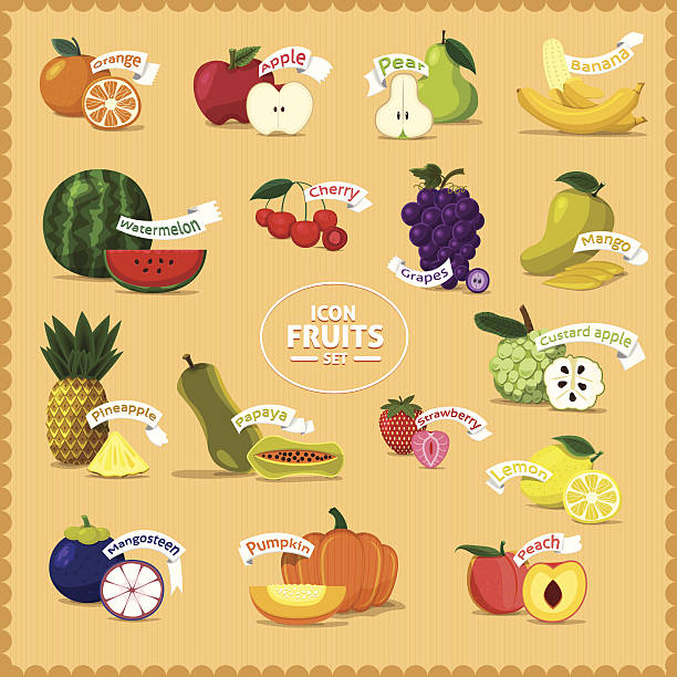 illustrazioni stock, clip art, cartoni animati e icone di tendenza di elemento di frutta - peach fruit portion orange