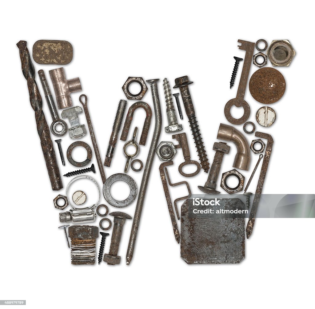 iron font W Iron letters composed of metallic things. Alphabet Stock Photo