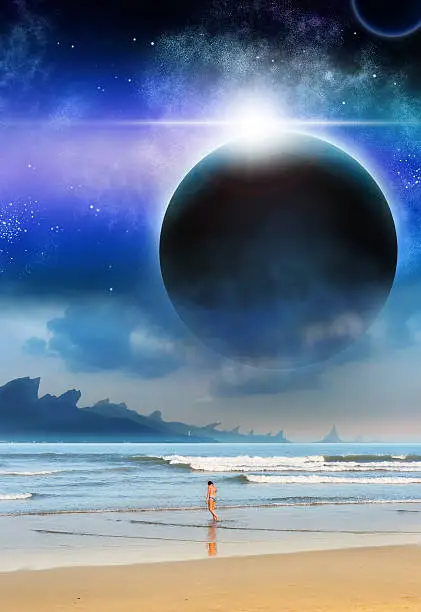 Girl Beach Planet Matte-Painting Sci-fi Illustration