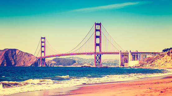Retro style photo of Golden Gate Bridge, San Francisco, California, USA.