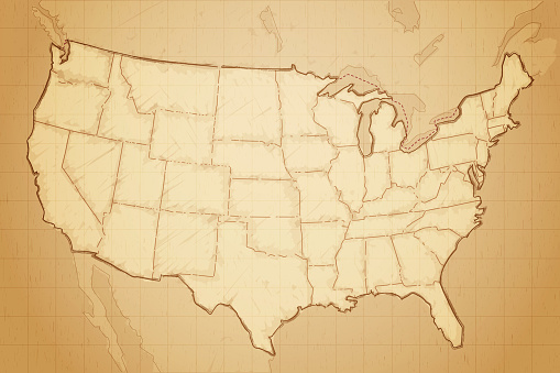 United states of America map drawn on aged paper vector illustration. Layered file. 