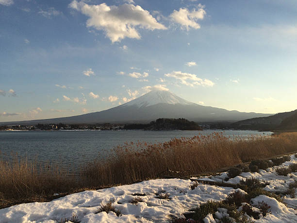 mont fuji derrière kawakuchi ko-lake - fleld photos et images de collection