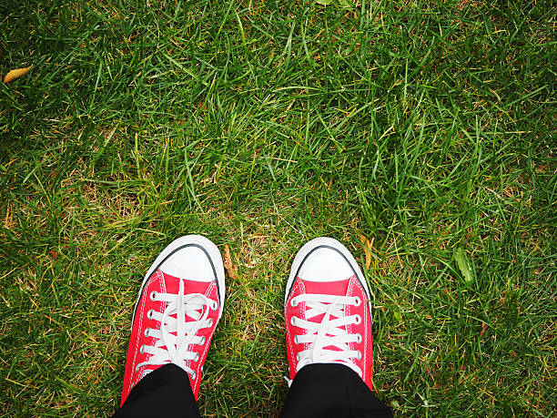 istock Feet in red sneakers on green grass, top view, informal 488982784