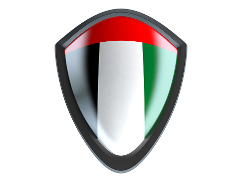 UAE flag on metal shield isolate on white background.