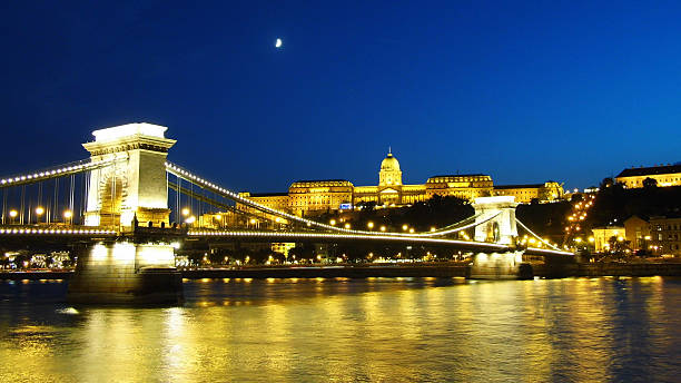 Chain Bridge and Buda Castle illuminated stock photo